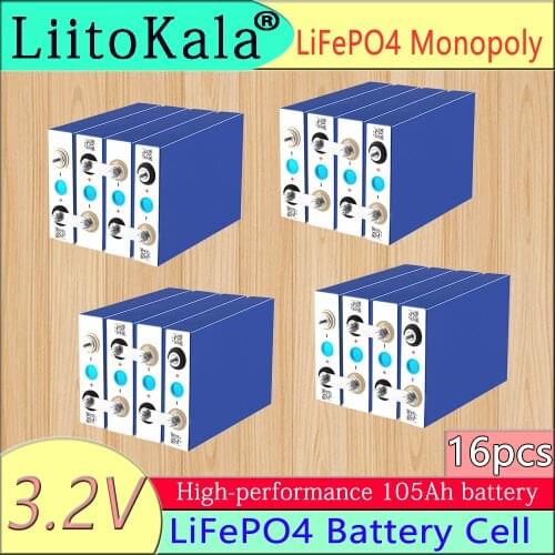 16pcs LiitoKala high capacity Deep cycle Lifepo4 3.2V 105Ah Battery for 12v 24v 48V Li-ion Battery Rechargeable Battery Pack
