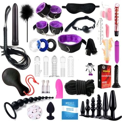 BDSM Bondage Sex Kit Leather Handcuffs Fetish Adult Restraints Bondage Vibrator dildo Sex Toys for Women Slave Game sex shop