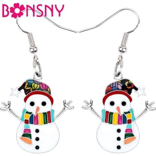 Bonsny Enamel Alloy Christmas Scarf Snowman Earrings Drop Dangle Novelty Jewelry For Women Girls New Year Party Gift Accessories