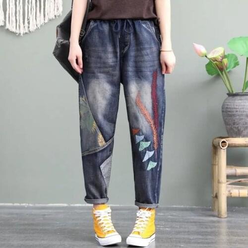 Women Casual Arts Style Denim Fashion Loose Pants Office Lady Elastic Waist Embroidered Harem Pants Female Large Size Trouser