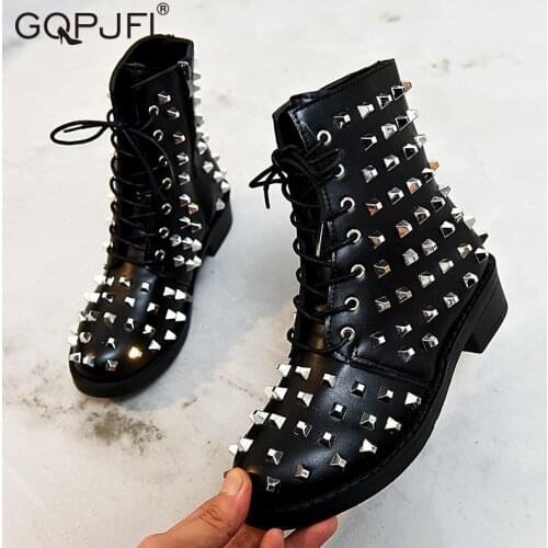 GQPJFI Black Platform Combat Ankle Boots Ladies Rivets Lace-up Boots Winter Motorcycle Boots Round Head Waterproof Leather Boots