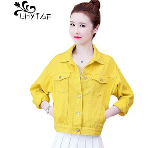 UHYTGF Spring Autumn Jeans Jacket Women Cute Girl Elegant Short Denim Coat Solid Wild Casual Loose 5XL Plus Size Outerwear 2019