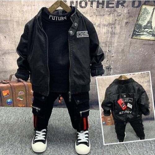 Boys Clothes Set Winter Warm Baby Boys PU Leather Coat,Plus Velvet T-Shirts and Thick Jeans 3Pcs/Sets Fashion Kids Tracksuits