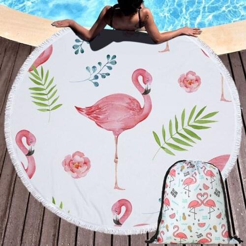 Flamingo Flowers Summer Round Beach Towels Seaside Bath Sports Towels Yoga Blanket With Drawstring Backpack Bag Bikini Cover Up