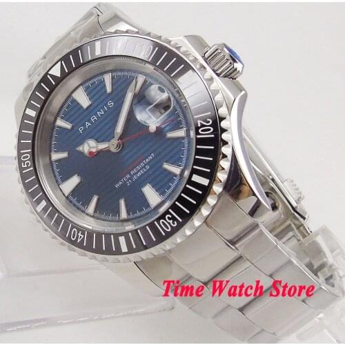 41mm Parnis mens watch blue dial sapphire glass luminous date magnifier ceramic bezel 5ATM MIYOTA Automatic wristwatch men 1057