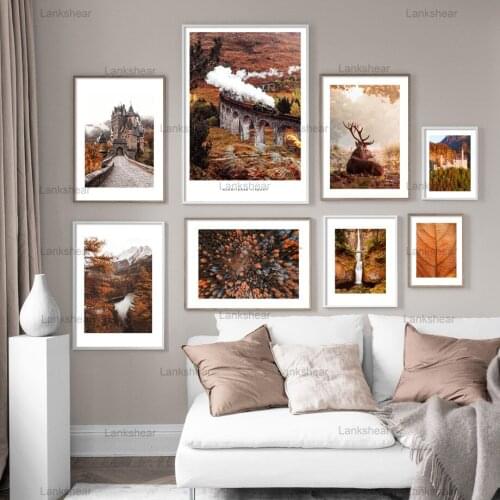 Red Forest Deer Castle Train Wall Art Canvas Painting Nordic Posters and Prints Landscape Wall Pictures for Living Room Decor