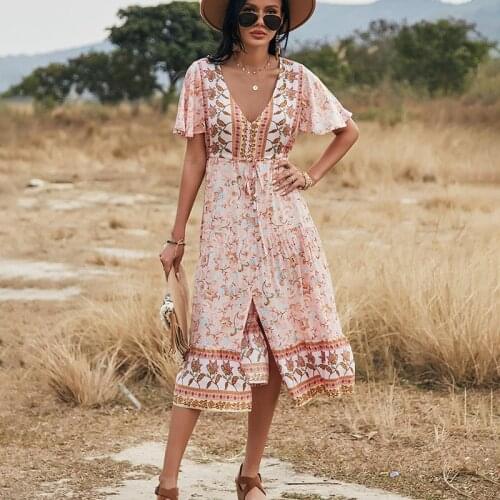 Pink Waist Lace-up Holiday Style Dress Sexy V-neck Low-cut Short Sleeve Split Robe Fashion Casual Printing Vacation Maxi Dresses