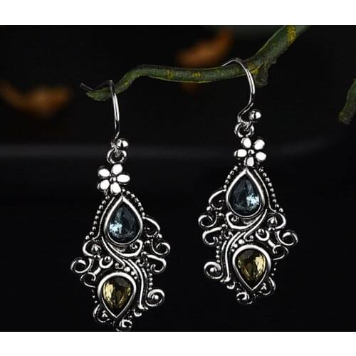 Boho Vintage Women Small Dangle Stone Earrings Carved Flower Tear Drop Earring Ethnic Indian Jewelry Antique Silver Color DBE044
