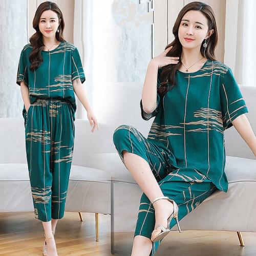 Middle-aged Women Green 2 Piece Set Summer Clothing Short Sleeve Print Tops and Pants Suits Plus Size 4XL Two-piece 2021 X135