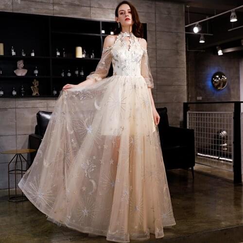 Beauty Emily Evening Dress 2019 Long Lace Up A Line Formal Party Prom Dress V-neckFloor-length Dinner Gowns robe de soiree