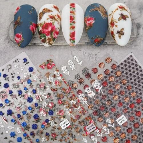 3D Engraved Nail Art Stickers Black and white Leaf Flower high quality Sticker Water Decals empaistic Nail Water Slide Decals