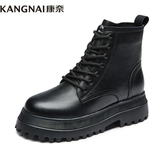 KANGNAI Women Ankle Boots Genuine Leather Platform Lace-Up Chunky Boots Ladies Fashion Warm Winter Shoes for Female