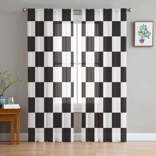 Black And White Lattice Plaid Sheer Curtains for Living Room Modern Voile Curtain Bedroom Tulle Curtains Window Drapes Decor