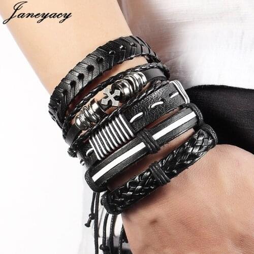 HOT 5 pcs/1set High Quality Leather Bracelet Mens Multilayer Punk Ms. Bangle & Bracelet Mens Jewelry Brand Bracelet Pulseras