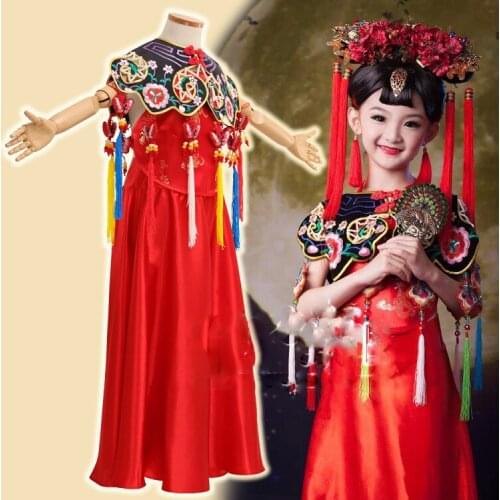 Hong Fu Red Ethnic Fashion China National Trend Red costume for Little Girl with Hair Tiaras Beautiful Girls Costume