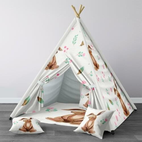 Play Tent for Kids Wigwam Portable Indoor Playground Tents Children Bedrooms Rabbit White Leaf Flowers Pattern 317