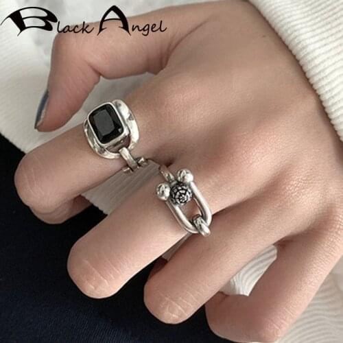 BLACK ANGEL Vintage Geometric Rectangle 925 Sterling Silver Hiphop Rock Rings for Women New Fashion Creative Party Jewelry Gifts