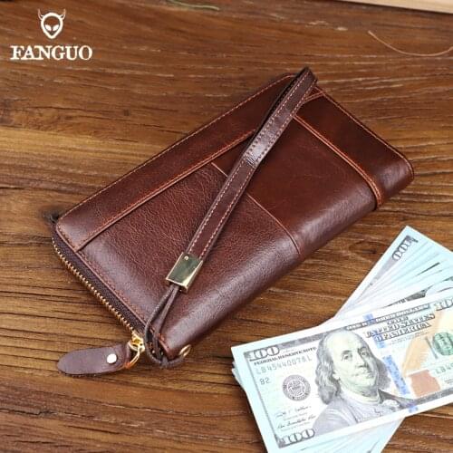 2021 Retro Genuine Leather Wallet Large Capacity Credit Card Slot Phone Holder Purse Handbag Wallets Long Clutch With Zipper