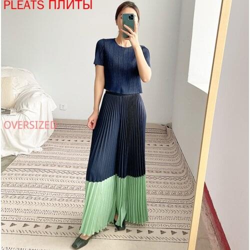 Miyake Pleated Wide-leg Pants Suit Womens Summer New Fashion Casual Short Top Two-piece Suit Trousers Set PLEATS Two Piece Set