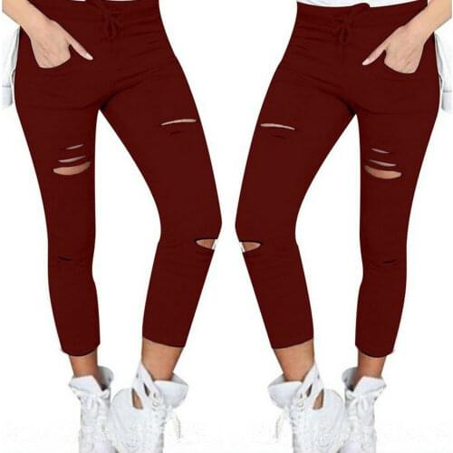 New Fashion Womens Ripped Stretchy Jeans Leggings Ladies Skinny Jegging Slim Hole Pants Black White Red Green Trousers