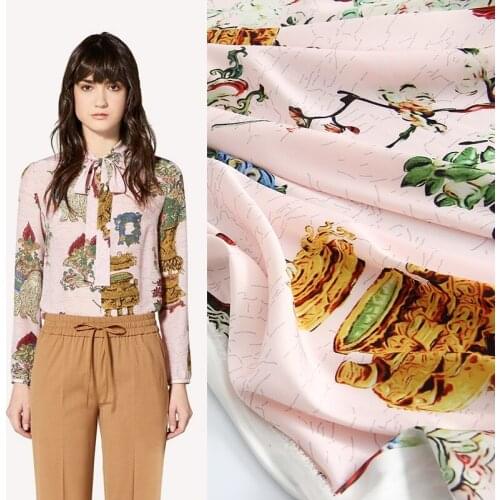 Summer European satin chiffon retro vase hand-painted pattern shirt clothing band designer fabric for dress printing fabric