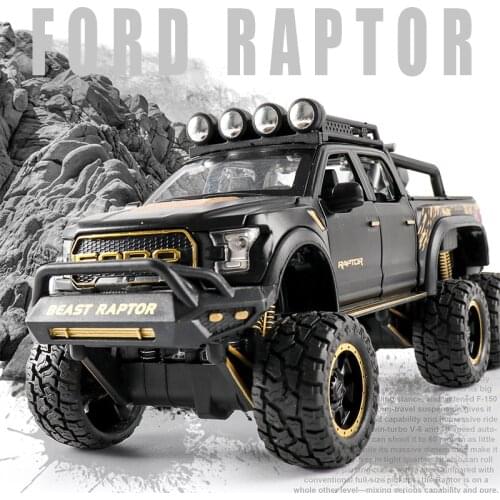 Diecast 1:24 Alloy Car Model Ford F150 Beast Raptor Off-Road Big Size Wheel Metal Vehicle Pull Back Gifts for Children Boys Toys