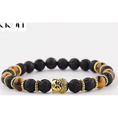 OIQUEI New Fashion Mens Strand Bracelets Lava Rock And Natural Tiger Eye Stone And Lava Buddha Head Bead Charm Bracelets Gift