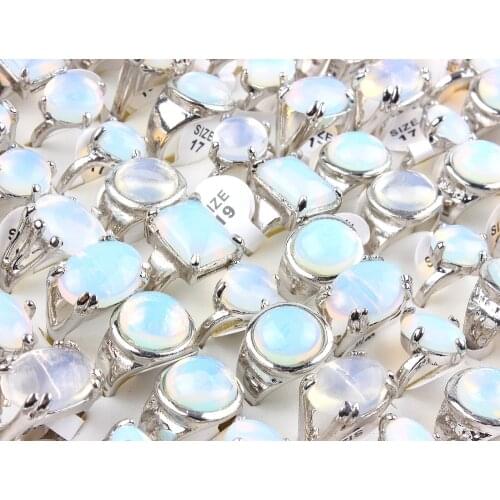 Wholesale Lots Mens 12Pcs White Opal Stone Silver Plated Rings Band Womens Wedding Engagement Jewelry FREE SHIPPING