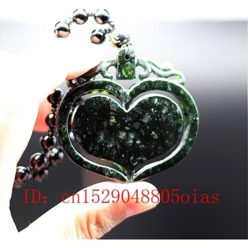 Natural Black Green Chinese Jade Heart Pendant Beads Necklace Charm Jewelry Double-sided Hollow Carved Amulet Gifts for Her Men