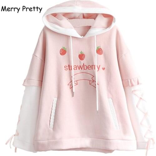 2020 New Japanese Harajuku Kawaii Women Sweatshirt Sweet Strawberry Thick Hooded Hoodies Lolita Fleece Warm Lace Up Pink Hoodie