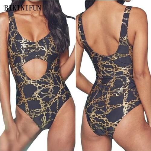 2020 New Sexy Chain Print Swimsuit Scoop Neck Beachwear Front Cutout Swimwear S-2XL Girl Pullover Bathing Suit One Piece Suit