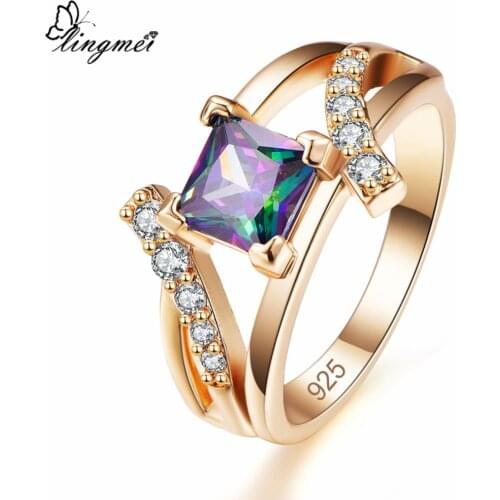 Lingmei New Arrival Princess Cut Mysterious & Royal Blue & White CZ Gold Color Ring Size 6-9 Unisex Wedding Band Women Jewelry