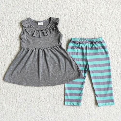 New Style Solid Gray Tank Top Match Leggings 2Pieces Set For Kids High Quality Baby Girls Sleeveless Outfit With Stripes