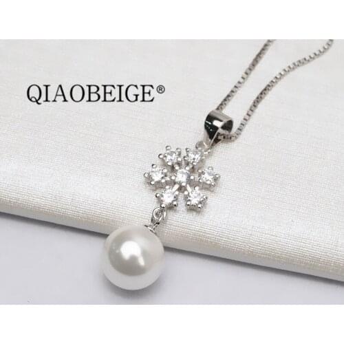QIAOBEIGE Wholesale High-Quality snow 925 Sterling Silver Pearl Mount Pendant Elegant Womens Necklace