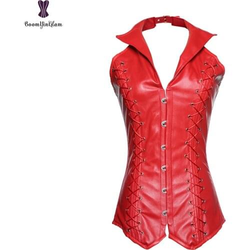 Plus Size Womens Steampunk Rock Retro Halter Spiral Steel Boned Vest Corset Top With Collar 915