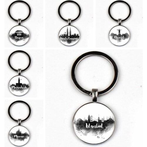 Retro Cute Travel Keychain Capital Souvenirs Women Jewelry Keyring DIY Handmade Glass Round Charm Bag Pendant Key Chain Girls