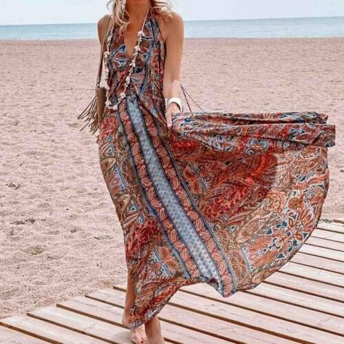 Robe Sexy Deep V-neck Empire Boho Long Dress Women 2021 Spring Floral Print Maxi Dresses Summer Sleeveless Backless Party Dress