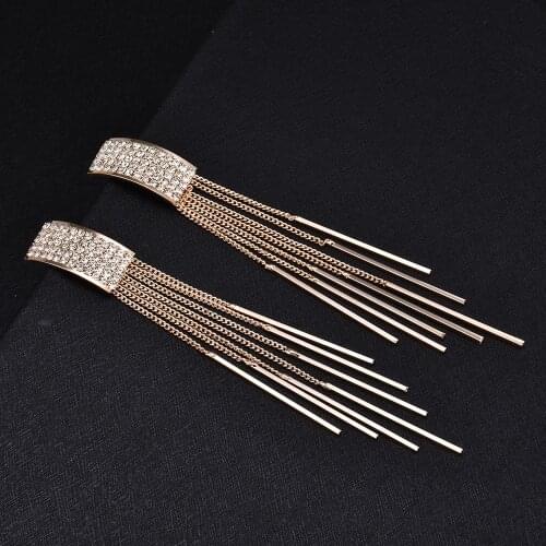 2020 New Gold Color Long Crystal Tassel Hanging Clip on Earrings for Women Wedding Without Piercing Ear Clips Brinco Bijoux