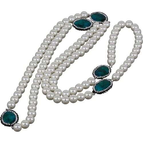 Rhinestone paved oval green blue stone connector charm roud pearl beads beaded stand long necklace for women elegant jewelry