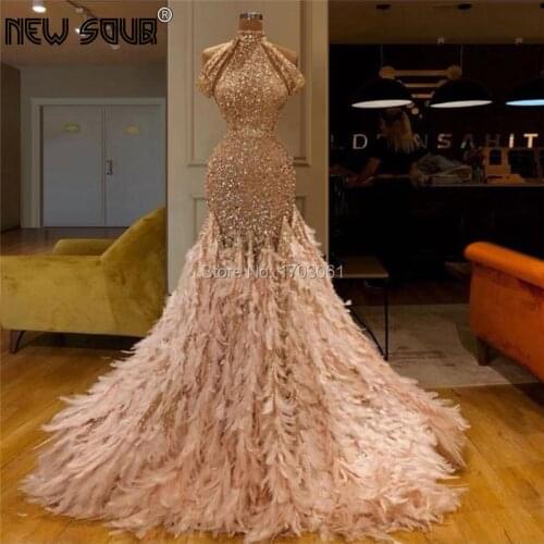 Beading Shiny Feathers Evening Dresses Custom Made 2019 Saudi Arabic Robe De Soiree Longue Prom Dress Crystal Islamic Party Gown