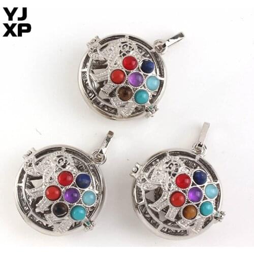 YJXP Unique Silver Plated Openable Ellipsoidal Elephant Pattern 7 Color Beads Inlayed Chakra Energy Pendant Meditation Jewelry