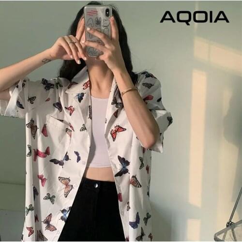 Chic Street Style Short Sleeve Loose Women Shirt Oversize Y2K Butterfly Printed Button Up Pockets Female Shirts 2021 Summer Tops