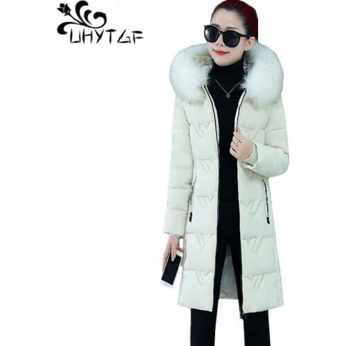 UHYTGF Winter coat women 2020Korean fashion fur collar hooded windproof warm jacket quality down jacket plus size outerwear 1759
