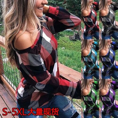 Woman Tshirts Europe Tees Hot Style off-the-shoulder Printed Plaid long-sleeve Fleece t-shirts Harajuku T Shirt "women BX19066