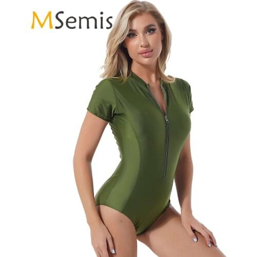 Women One-piece Swimwear Stand Collar Short Sleeves Front Zipper Closure Removable Pads Swimming Bathing Short Jumpsuit Bodysuit