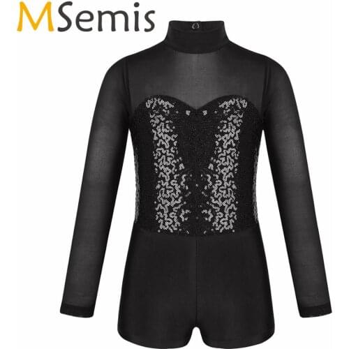 MSemis Girls Figure Ice Skating Leotard Competition Dance Costume Kids Long Sleeves Sequins See Through Tulle Gymnastics Clothes