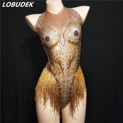 Women Sexy Bar Stage Performance Costume Gold Rhinestones Tassel Backless Bodysuit Nightclub DJ Singer Dance Latin Show Jumpsuit