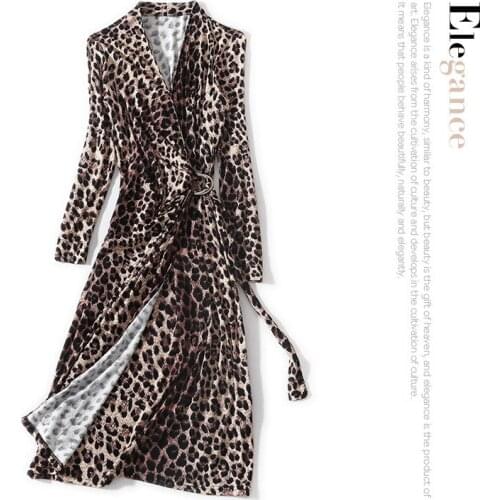 V-neck leopard print nine points sleeve waist section D word buckle with elastic waist cultivate morality dress woman