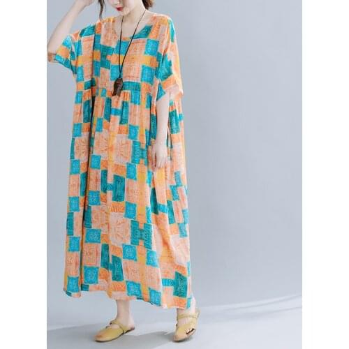 2021 New Arrival Short Sleeve Loose Summer Dress Print Floral Cotton Linen Vintage Chic Dress Women Holiday Style Casual Dress