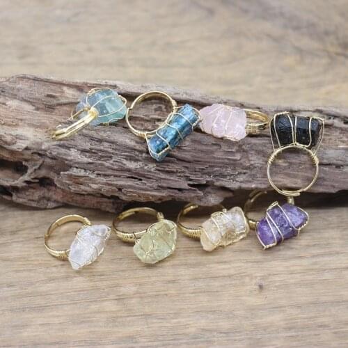 Gold Color Wire Wrap Irregular Raw Stone Adjustable Ring Healing Crystal Fluorite Amethysts Citrines Fashion Ring Jewelry,QC4027
